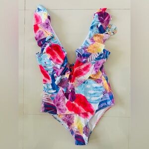 BINLOWIS Women One Piece Swimsuit V-Neck Ruffle Bathing Suit Padded Monokini L